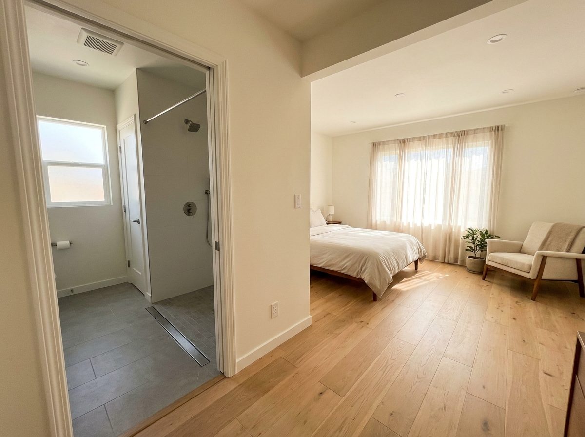 Bright single-level ADU interior with a wide doorway, open floor space beside the bed and a curbless walk-in shower
