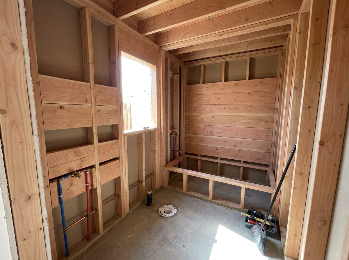 A framed ADU bathroom wall during construction with solid horizontal lumber blocking installed between the studs at grab bar height, before drywall