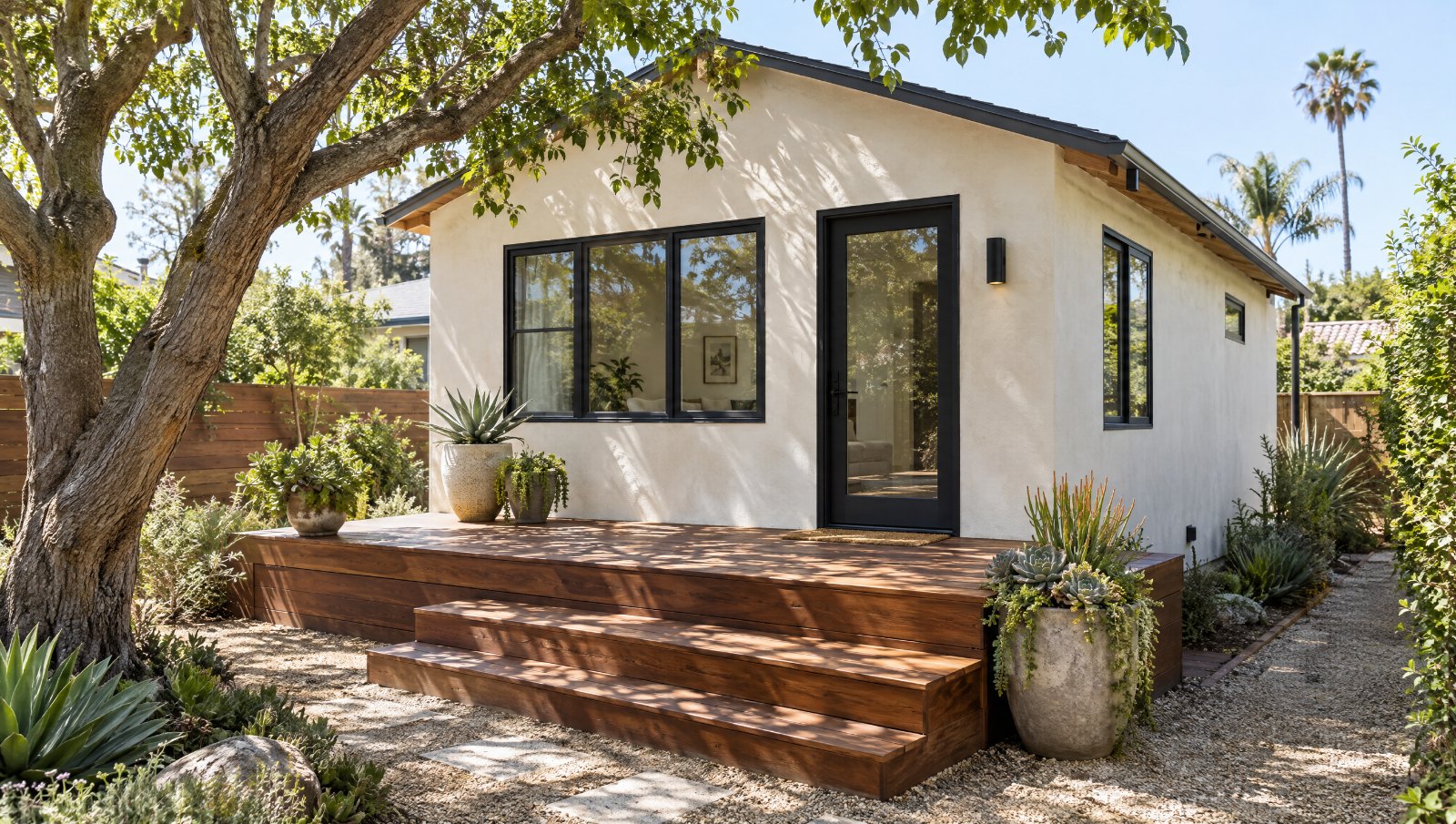 A wood deck built onto a backyard structure in San Diego