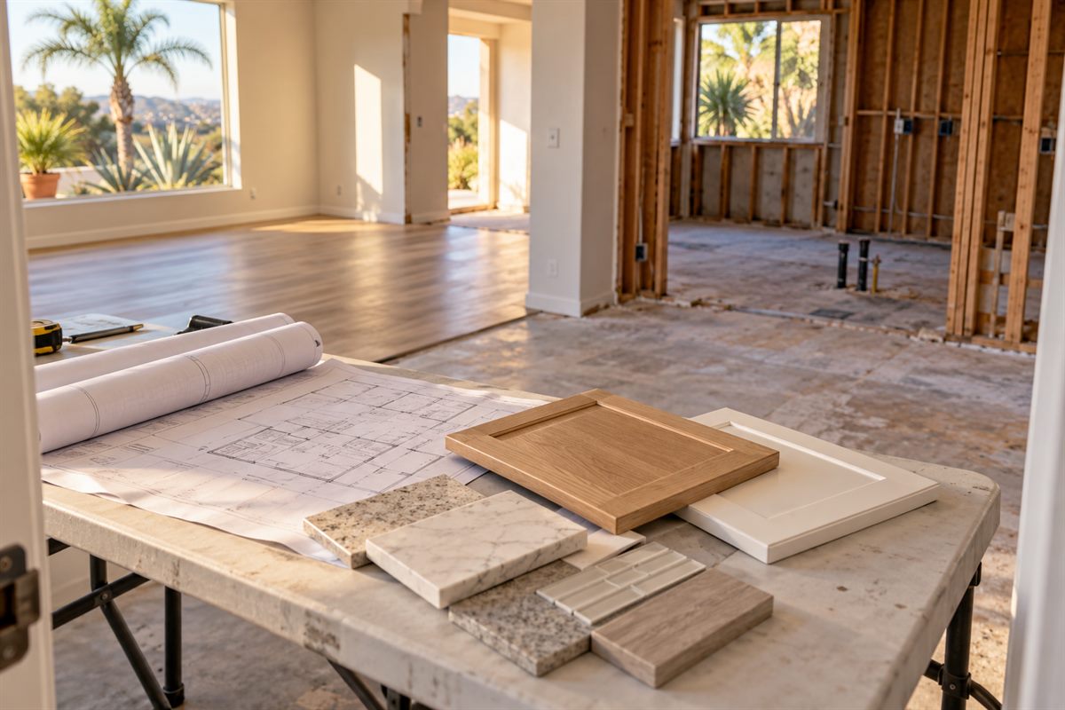Architectural drawings and tile, quartz and cabinet samples on a work table inside a San Diego home mid-remodel, with new flooring on one side of the room and exposed framing on the other