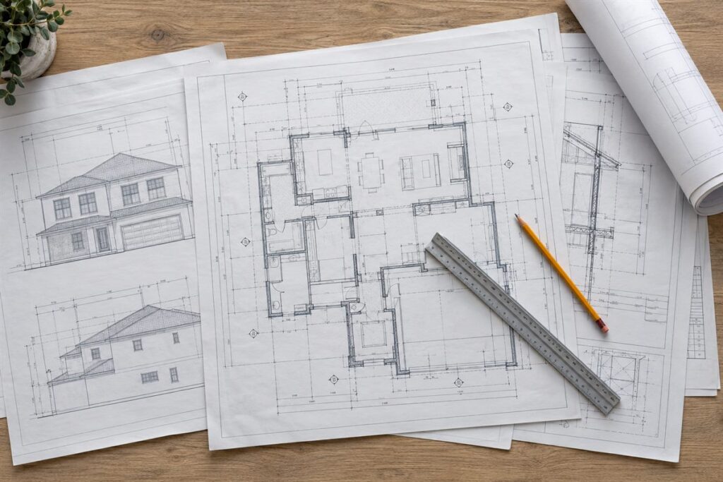 Overhead view of a residential construction drawing set with floor plans, elevations, a scale ruler and pencil, of the kind submitted to the City of San Diego for plan check