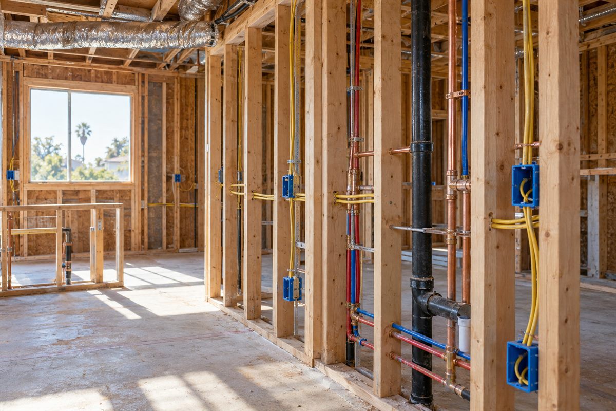 Open wall framing during the rough-in stage of a remodel, with plumbing lines, electrical wiring and outlet boxes installed and visible before drywall is closed up for inspection