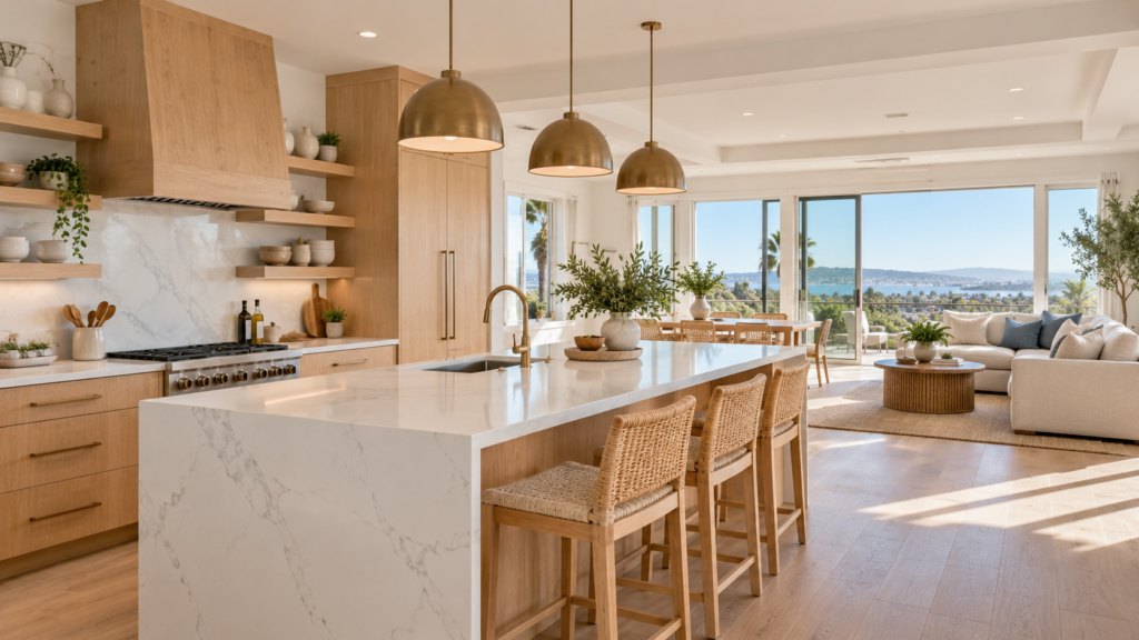 Bright open-plan coastal kitchen with white oak cabinetry and quartz island in a San Diego home