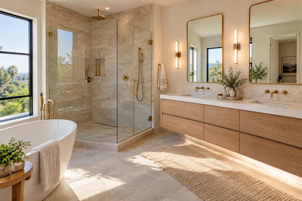 San Diego primary bathroom with both a freestanding bathtub and a frameless glass walk-in shower